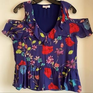 Parker Blue Floral Print Silk off shoulder Floral TOP! Great condition